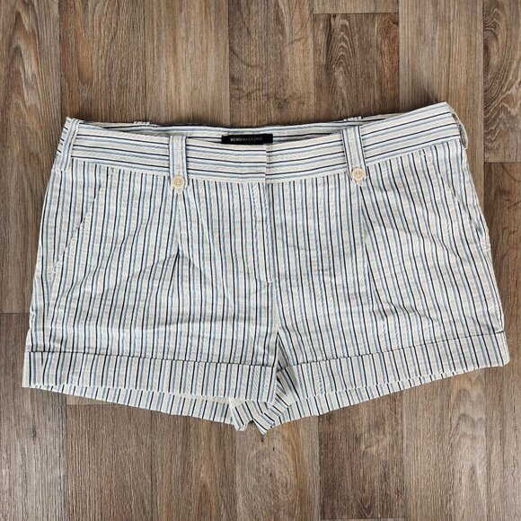 BCBGMAXAZRIA Women's Size 12 Blue White Striped Pleated Cuffed Cotton Shorts‎ - Picture 1 of 8